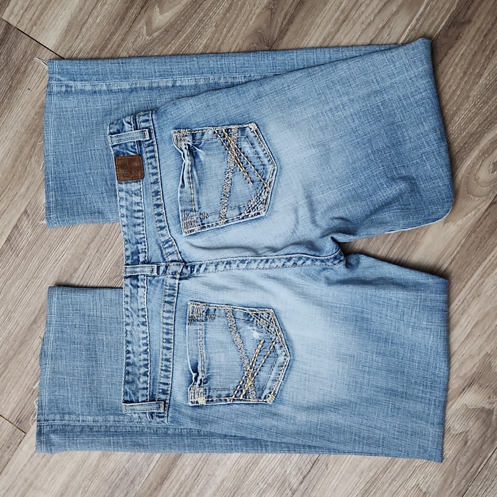 BKE Denim Kate Stretch Distressed Bootcut Altered Length Women's 32 Blue Jeans